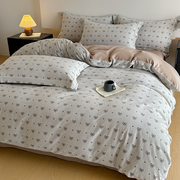 91家纺网 家纺一手货源 找家纺 禾时 2026新款全棉纯棉色织提花四件套 蝴蝶结（咖色）