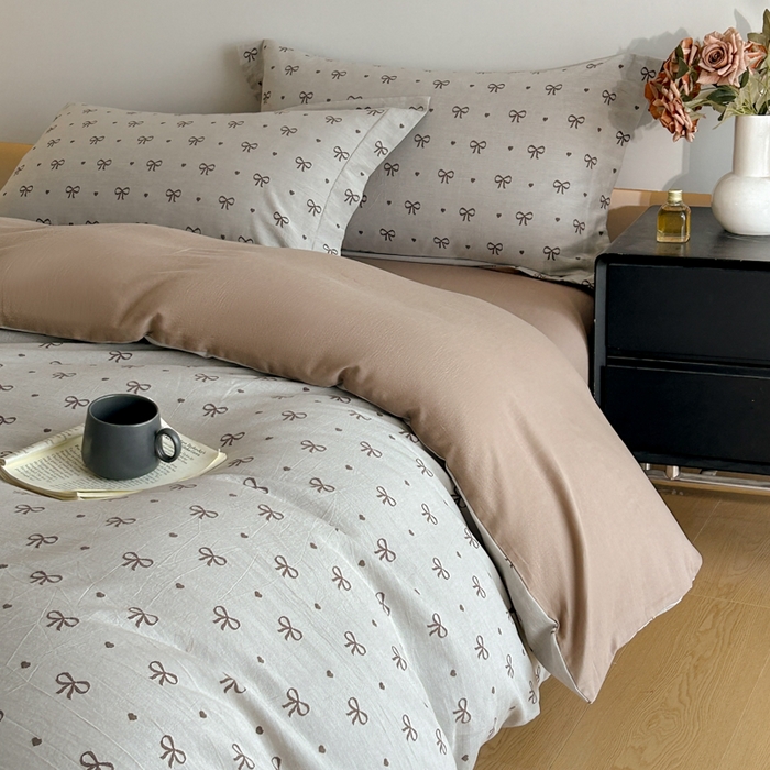 91家纺网 家纺一手货源 找家纺 禾时 2026新款全棉纯棉色织提花四件套 蝴蝶结（咖色）