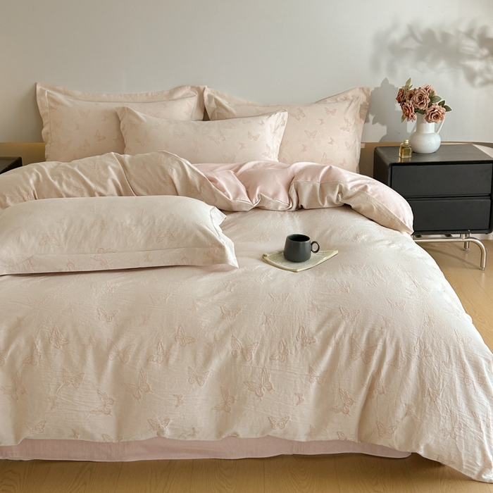 91家纺网 家纺一手货源 找家纺 禾时 2026新款全棉纯棉色织提花四件套 轻舞飞扬（粉）