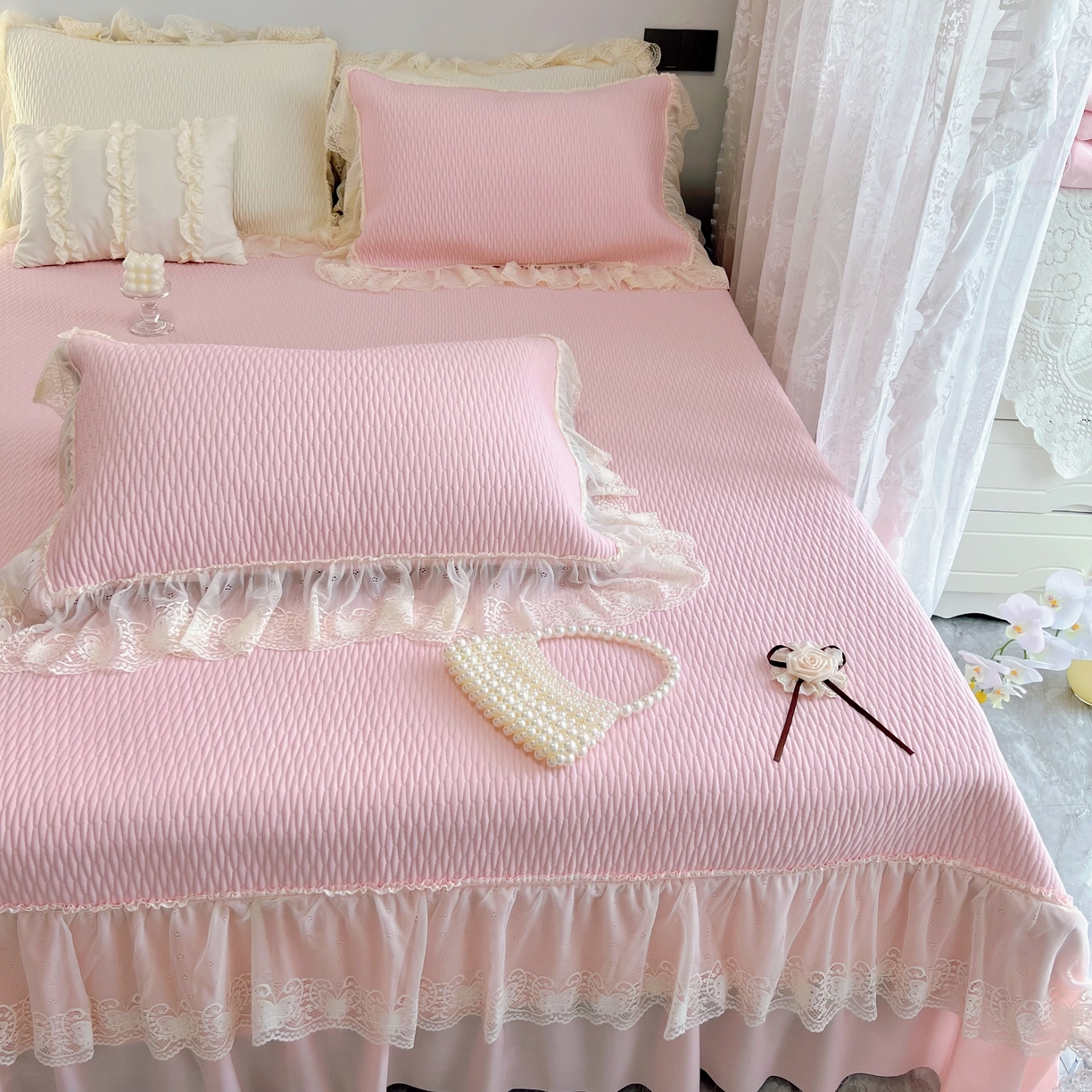 91家纺网 家纺一手货源 找家纺 （总）恋尚羽 2026新款高分子PE凉泡泡大床裙凉感席波浪冰豆豆凉席席子三件套-系列 山茶可可