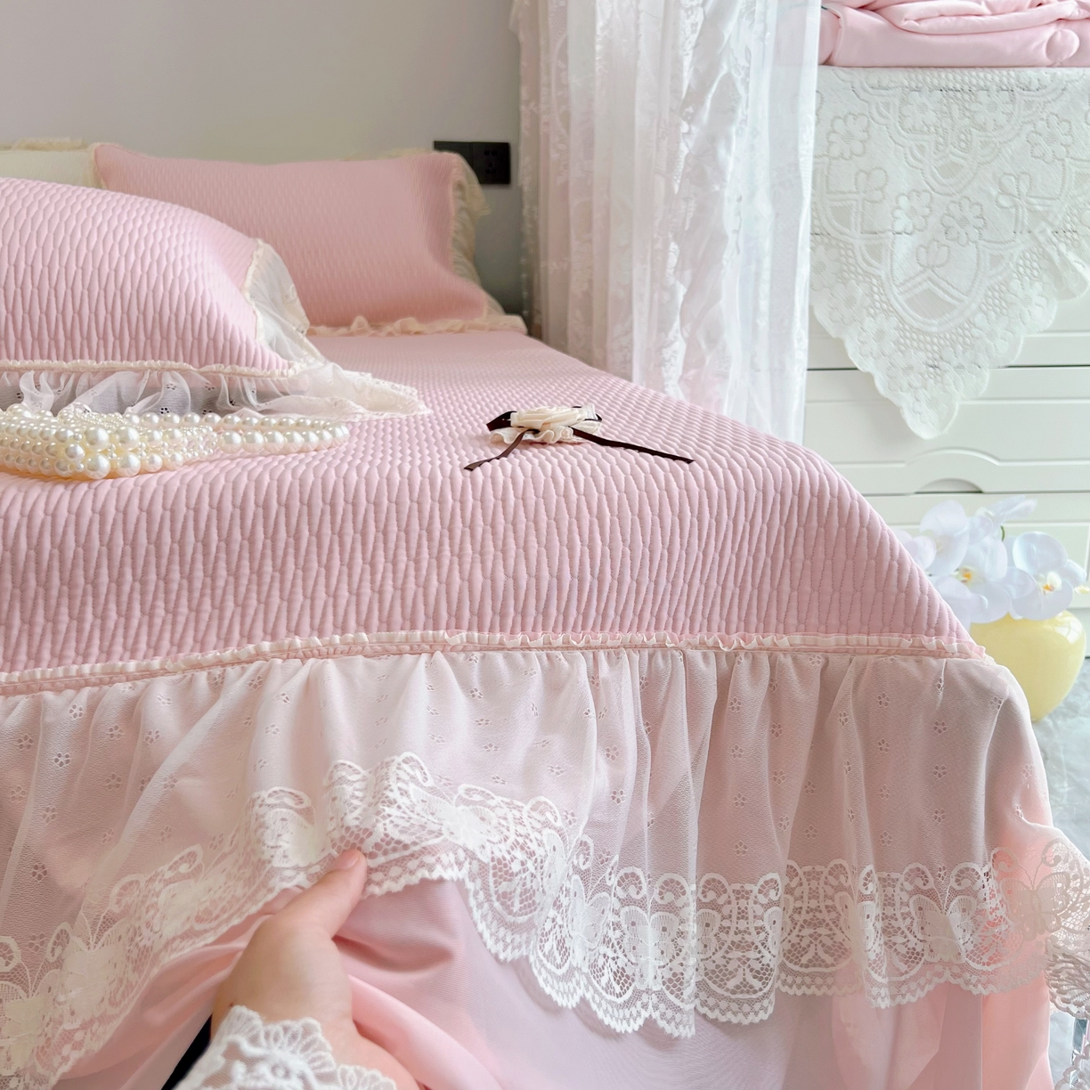 91家纺网 家纺一手货源 找家纺 （总）恋尚羽 2026新款高分子PE凉泡泡大床裙凉感席波浪冰豆豆凉席席子三件套-系列 山茶可可