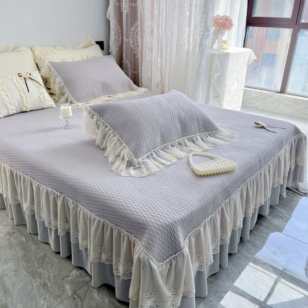 91家纺网 家纺一手货源 找家纺 恋尚羽 2026新款高分子PE凉泡泡大床裙凉感席波浪冰豆豆凉席席子三件套-系列 山茶可可 灰色