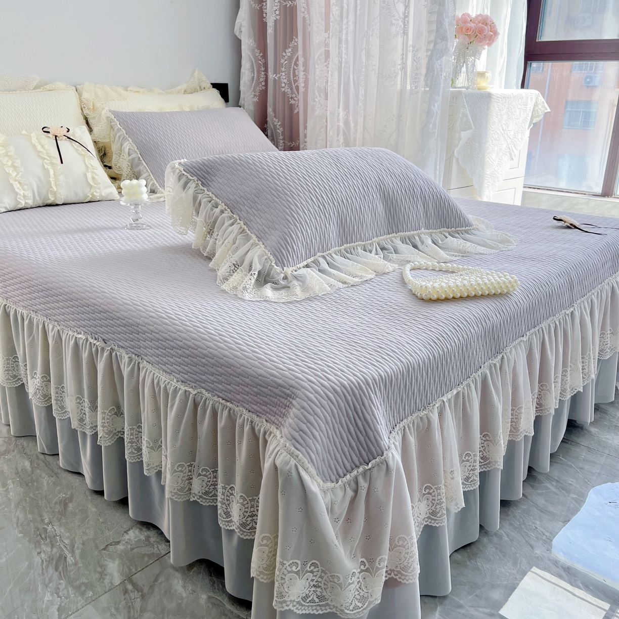 91家纺网 家纺一手货源 找家纺 恋尚羽 2026新款高分子PE凉泡泡大床裙凉感席波浪冰豆豆凉席席子三件套-系列 山茶可可 灰色