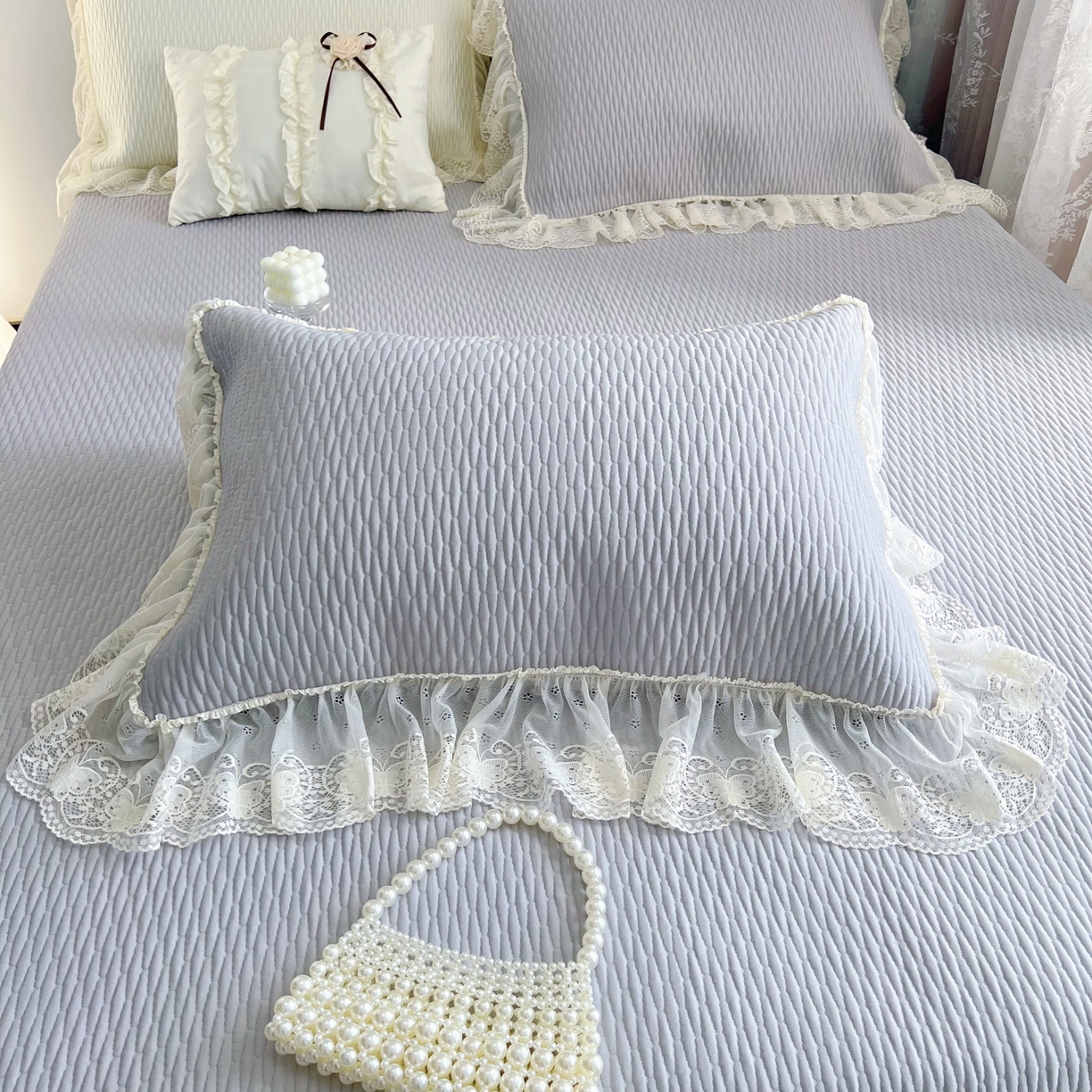 91家纺网 家纺一手货源 找家纺 恋尚羽 2026新款高分子PE凉泡泡大床裙凉感席波浪冰豆豆凉席席子三件套-系列 山茶可可 灰色