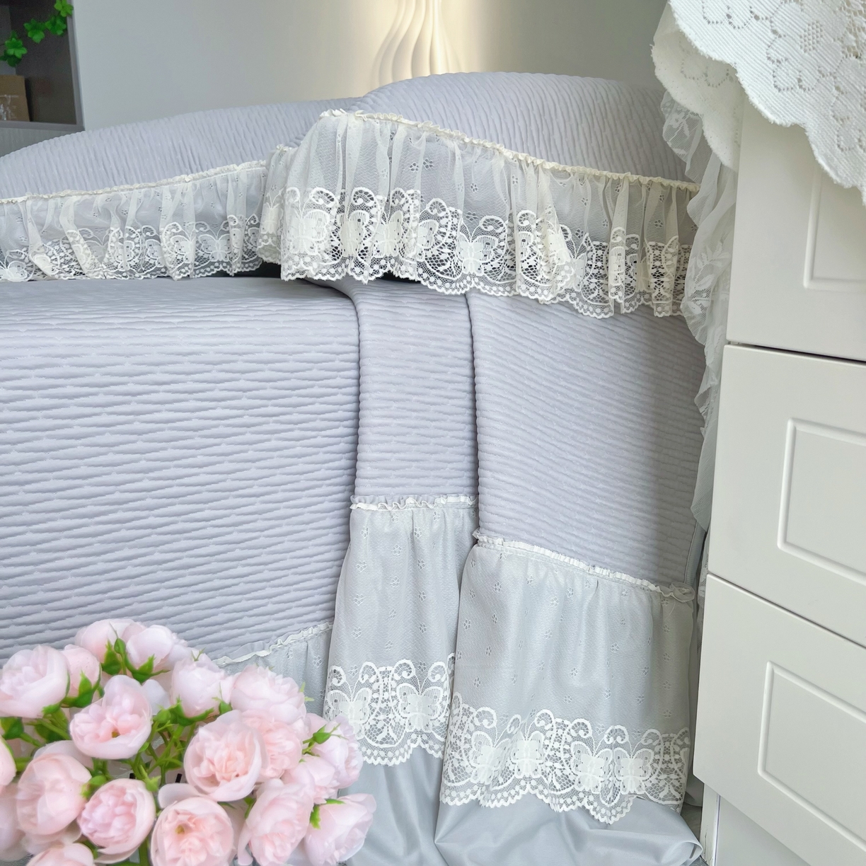 91家纺网 家纺一手货源 找家纺 恋尚羽 2026新款高分子PE凉泡泡大床裙凉感席波浪冰豆豆凉席席子三件套-系列 山茶可可 灰色