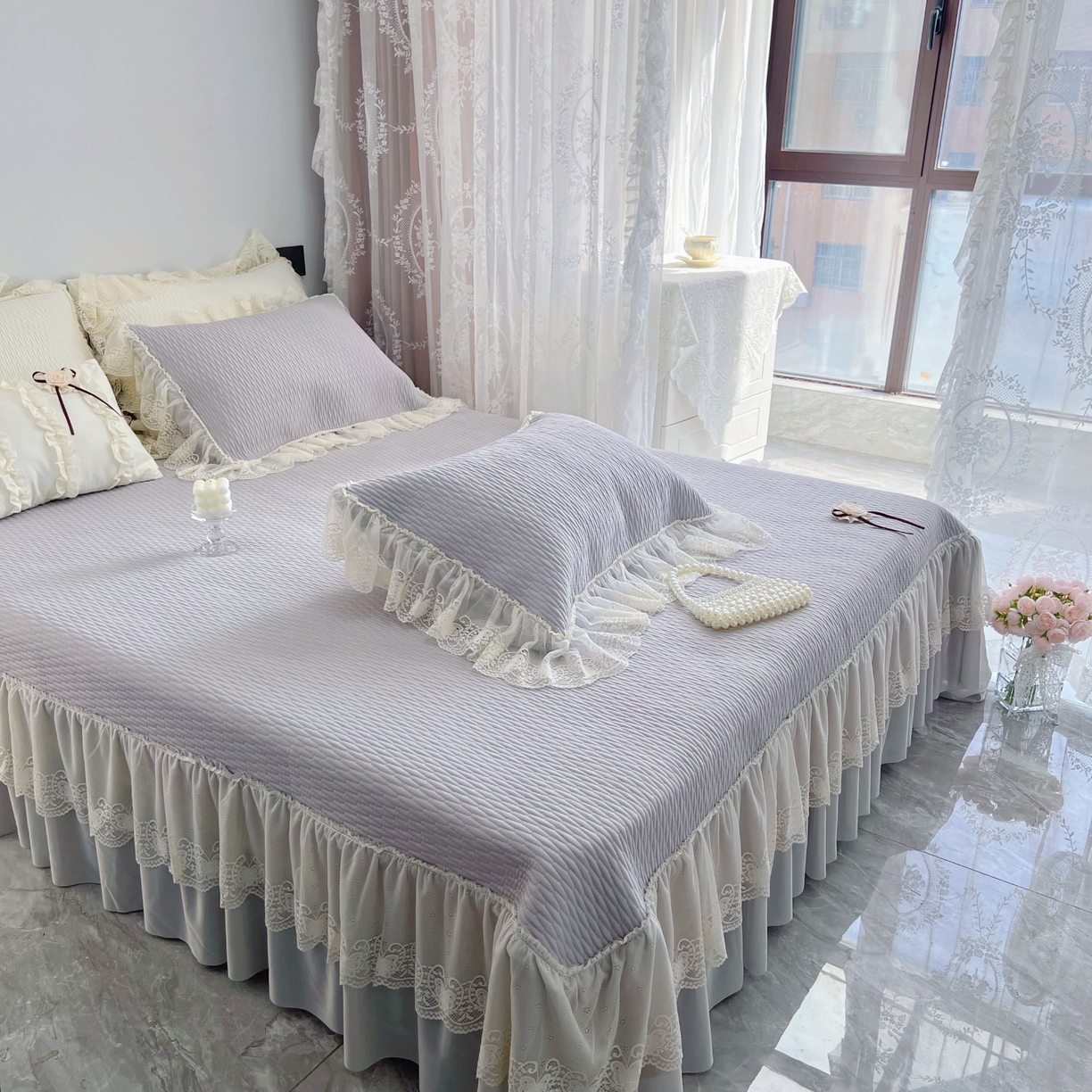 91家纺网 家纺一手货源 找家纺 恋尚羽 2026新款高分子PE凉泡泡大床裙凉感席波浪冰豆豆凉席席子三件套-系列 山茶可可 灰色