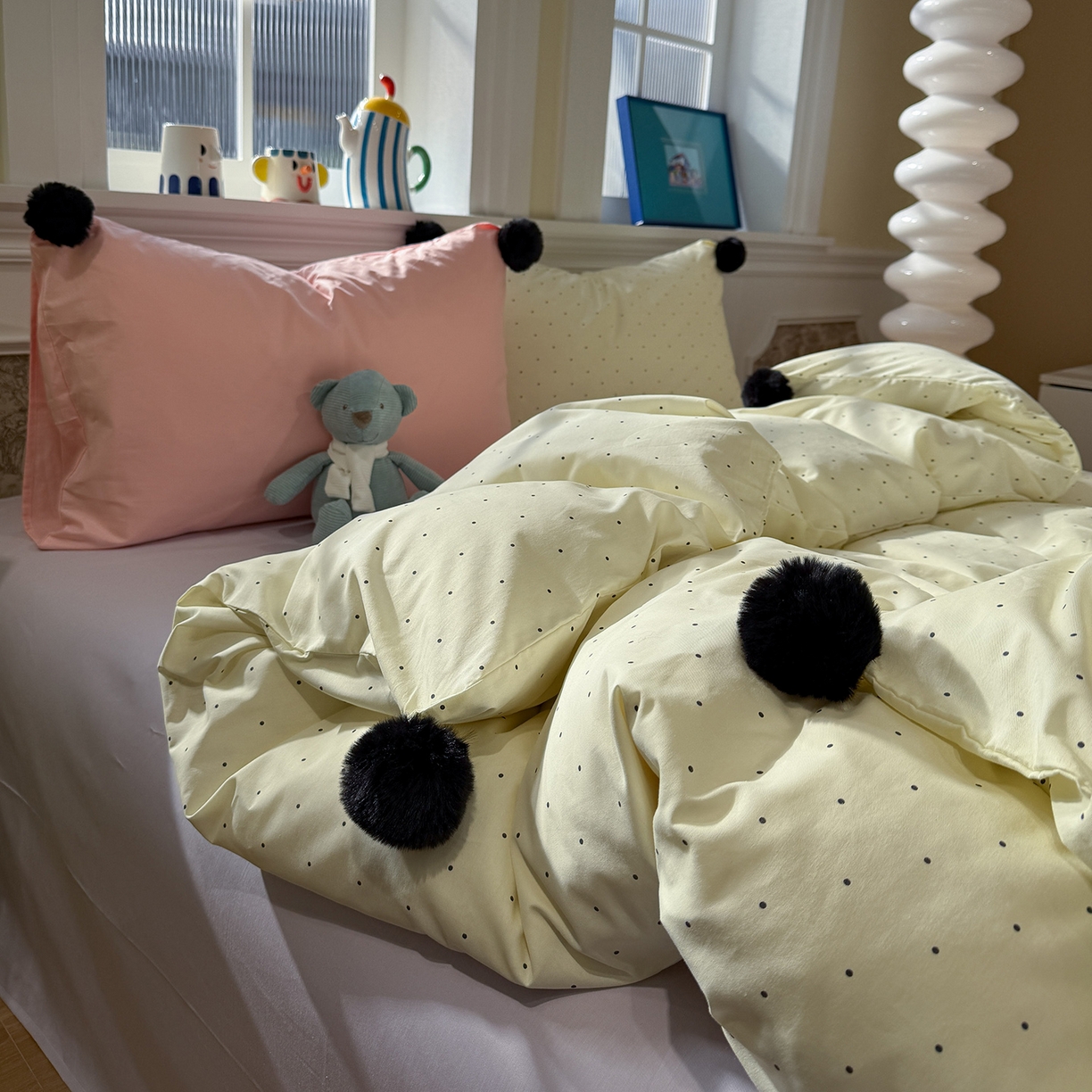 91家纺网 家纺一手货源 找家纺 慕尚家纺 2026新款全棉纯棉水洗带球工艺四件套 波点黄