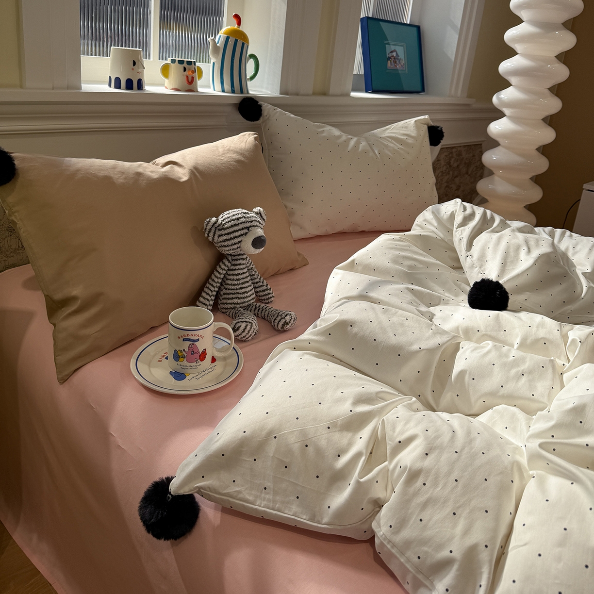 91家纺网 家纺一手货源 找家纺 慕尚家纺 2026新款全棉纯棉水洗带球工艺四件套 波点  米白