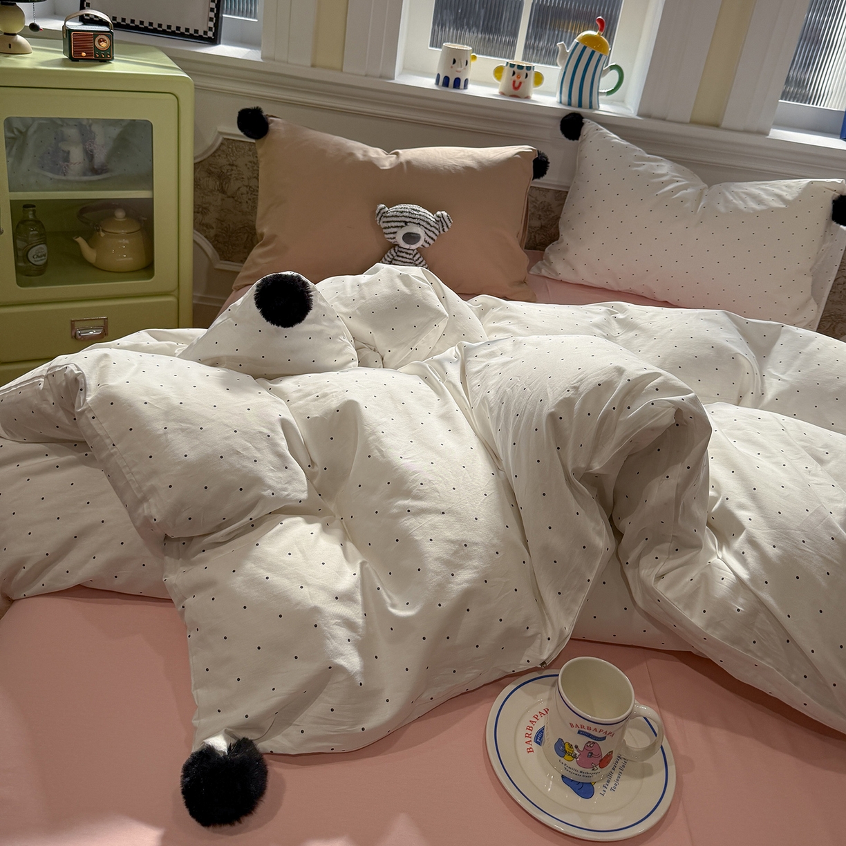 91家纺网 家纺一手货源 找家纺 慕尚家纺 2026新款全棉纯棉水洗带球工艺四件套 波点  米白