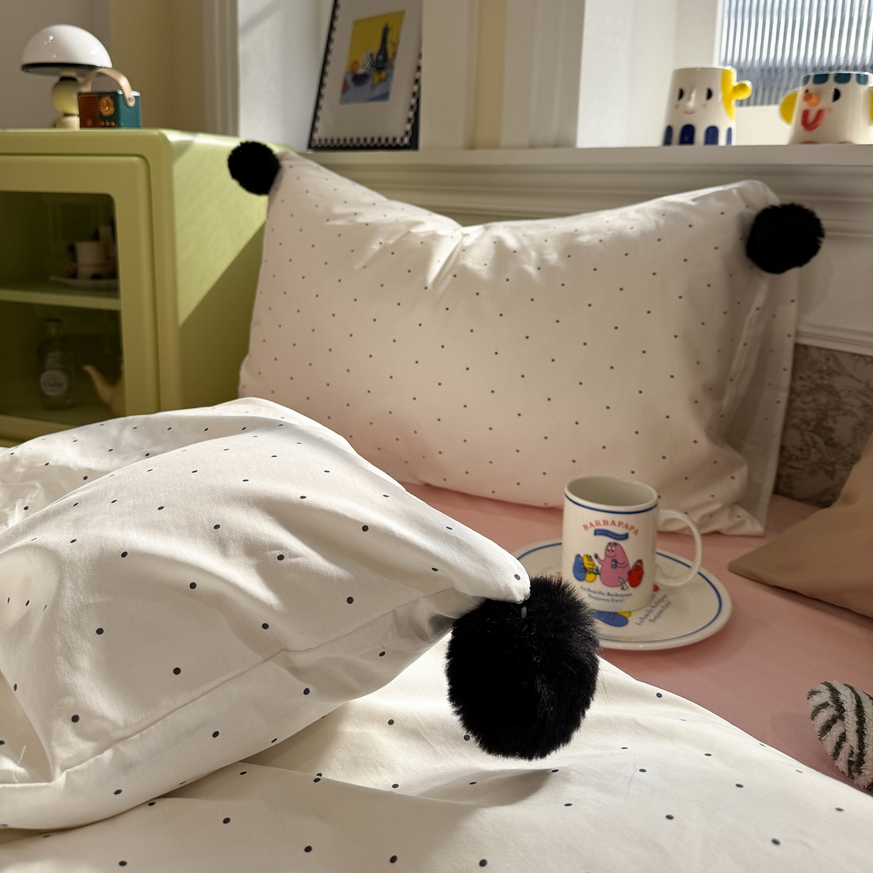 91家纺网 家纺一手货源 找家纺 慕尚家纺 2026新款全棉纯棉水洗带球工艺四件套 波点  米白