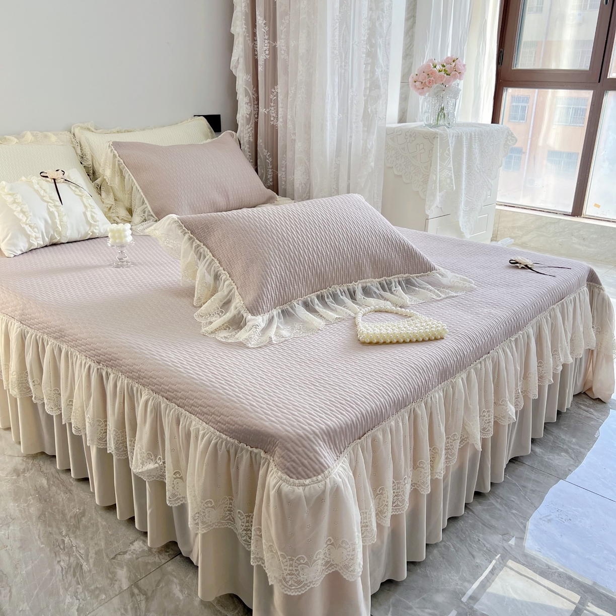 恋尚羽 2026新款高分子PE凉泡泡大床裙凉感席波浪冰豆豆凉席席子三件套-系列 山茶可可 咖色