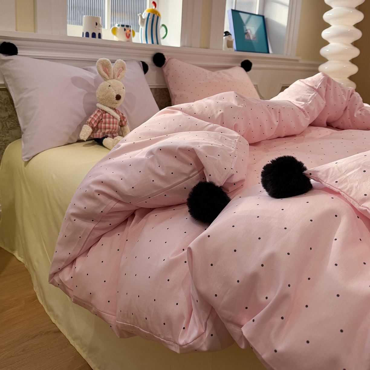 91家纺网 家纺一手货源 找家纺 慕尚家纺 2026新款全棉纯棉水洗带球工艺四件套 波点粉