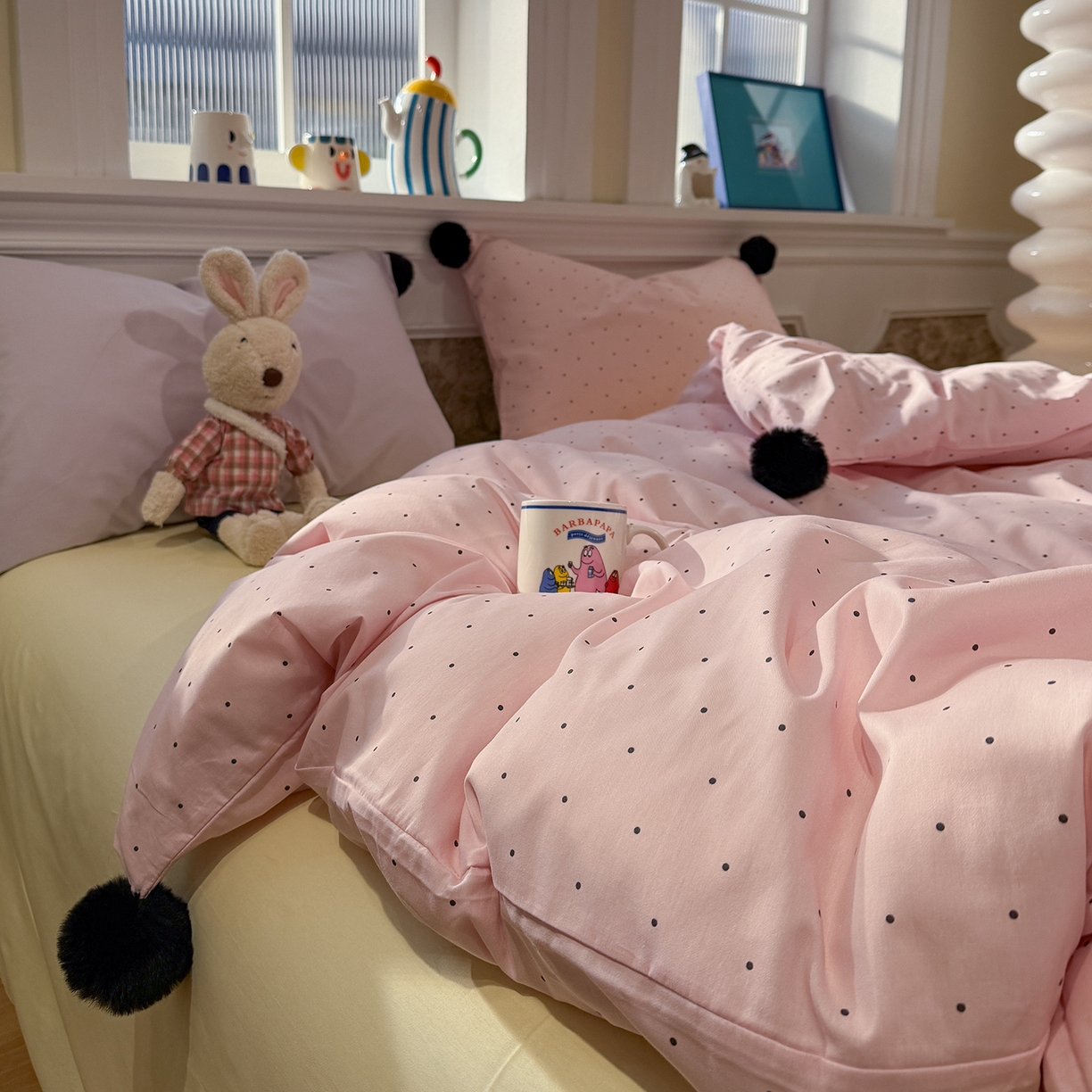 91家纺网 家纺一手货源 找家纺 慕尚家纺 2026新款全棉纯棉水洗带球工艺四件套 波点粉