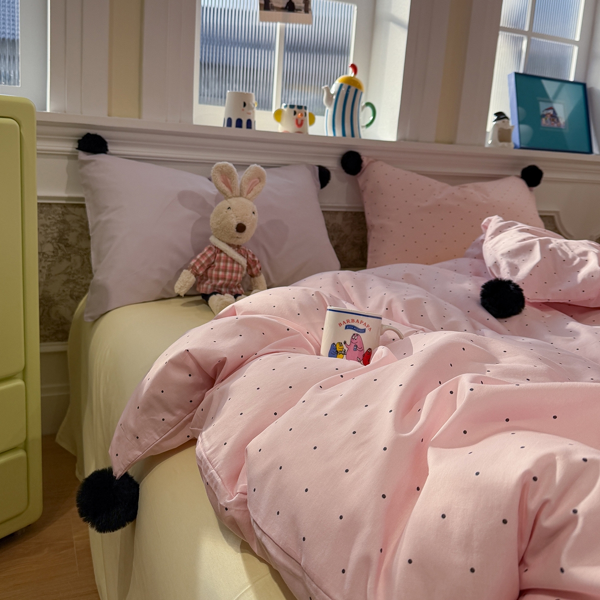 91家纺网 家纺一手货源 找家纺 慕尚家纺 2026新款全棉纯棉水洗带球工艺四件套 波点粉