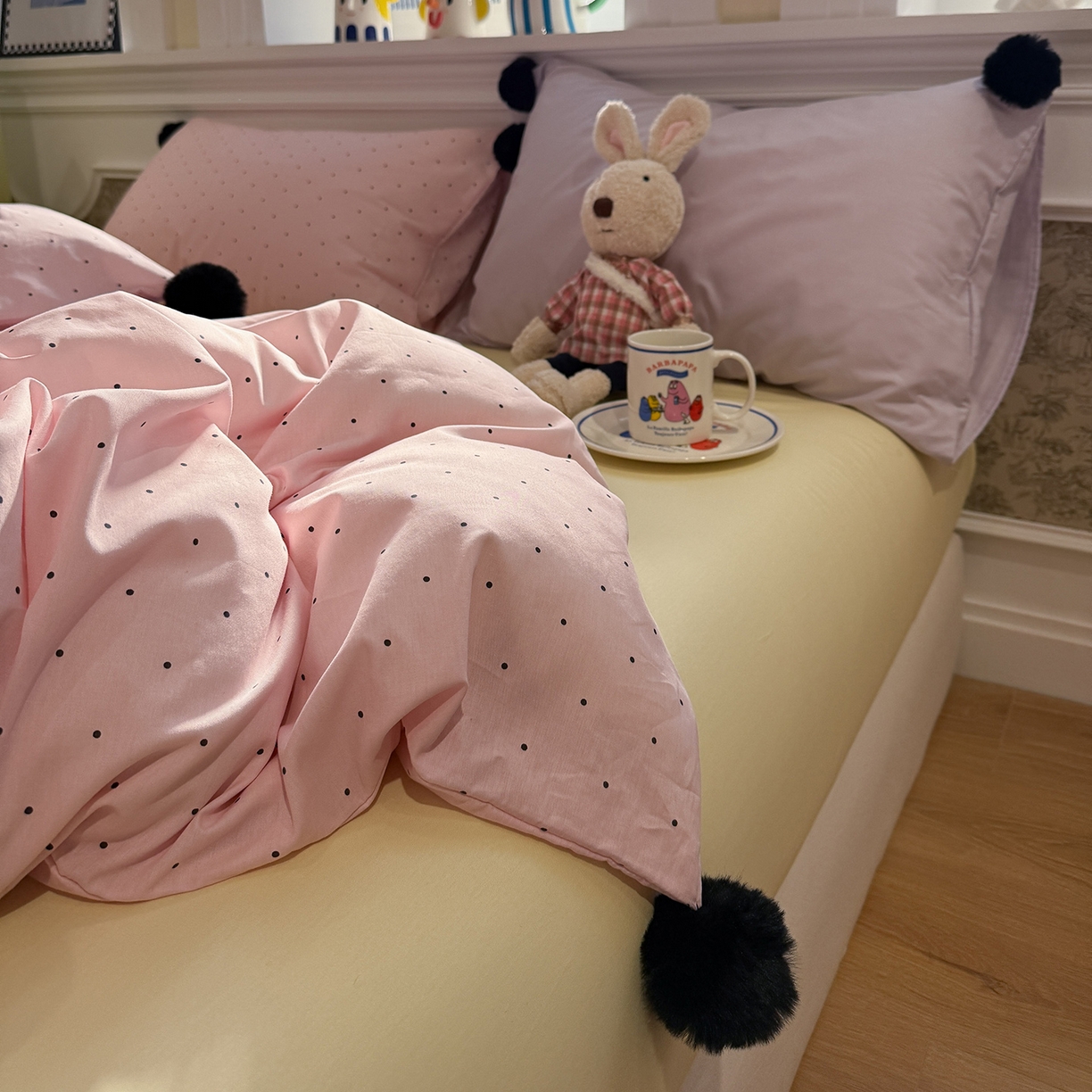 91家纺网 家纺一手货源 找家纺 慕尚家纺 2026新款全棉纯棉水洗带球工艺四件套 波点粉