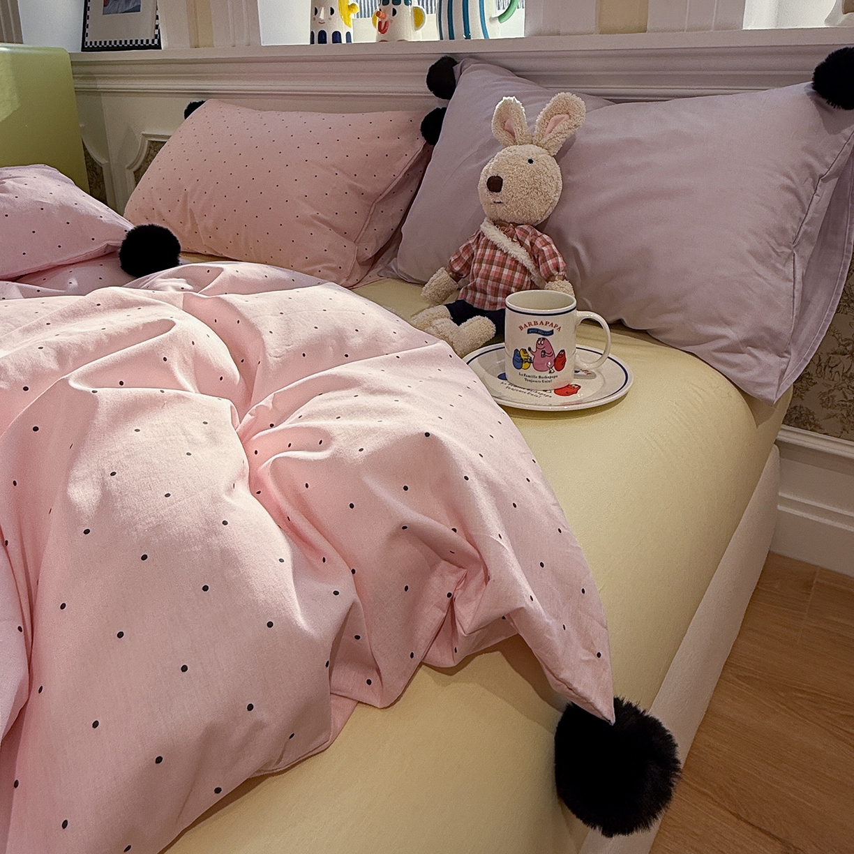 91家纺网 家纺一手货源 找家纺 慕尚家纺 2026新款全棉纯棉水洗带球工艺四件套 波点粉