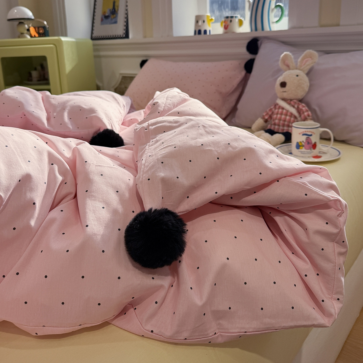 91家纺网 家纺一手货源 找家纺 慕尚家纺 2026新款全棉纯棉水洗带球工艺四件套 波点粉