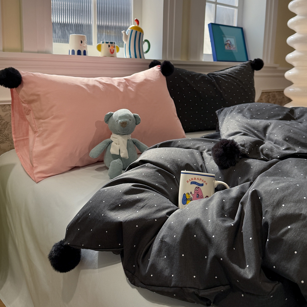 91家纺网 家纺一手货源 找家纺 慕尚家纺 2026新款全棉纯棉水洗带球工艺四件套 波点黑