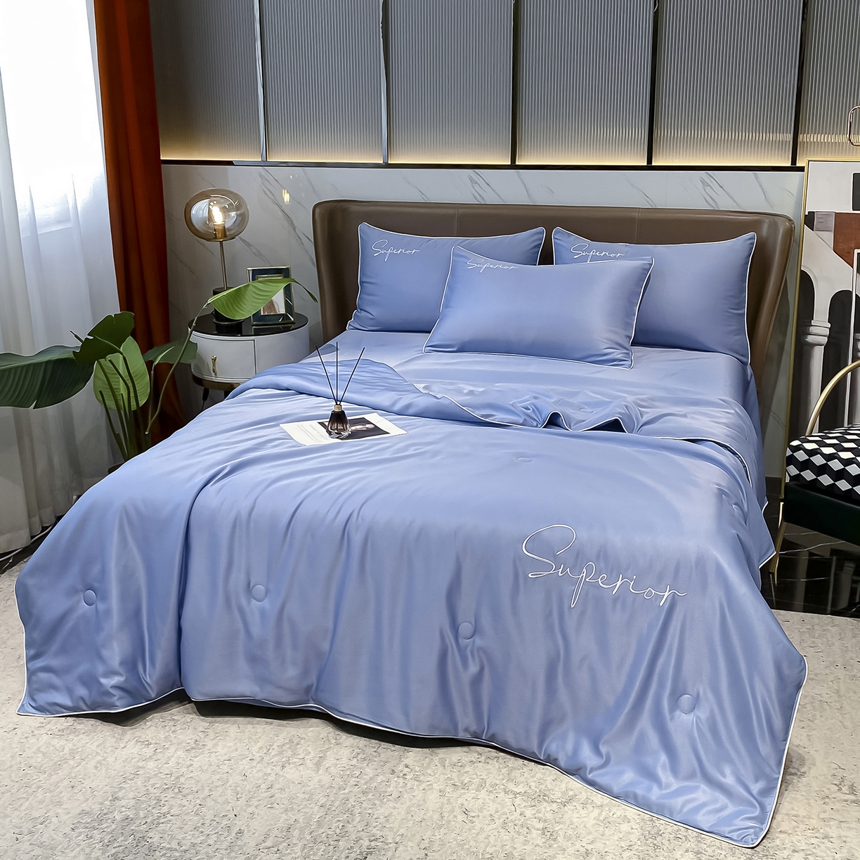 91家纺网 家纺一手货源 找家纺 吾诺家居 2026新款字母刺绣水洗天丝夏被夏凉被空调被四件套-字母 字母黄兰