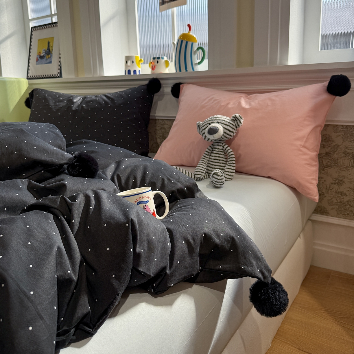 91家纺网 家纺一手货源 找家纺 慕尚家纺 2026新款全棉纯棉水洗带球工艺四件套 波点黑