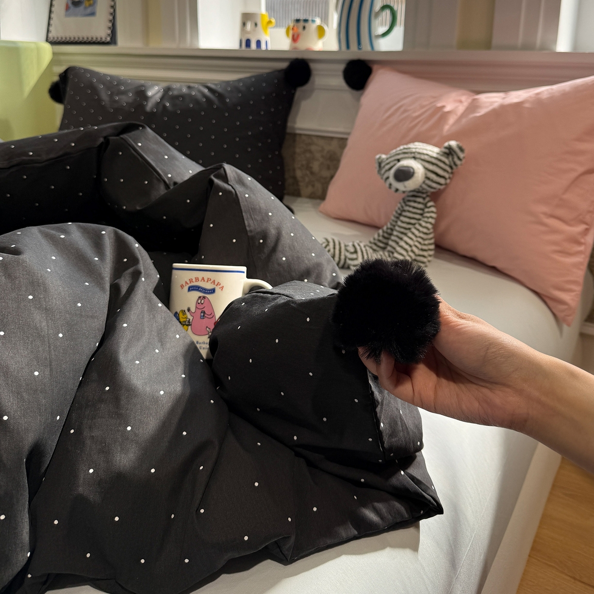 91家纺网 家纺一手货源 找家纺 慕尚家纺 2026新款全棉纯棉水洗带球工艺四件套 波点黑