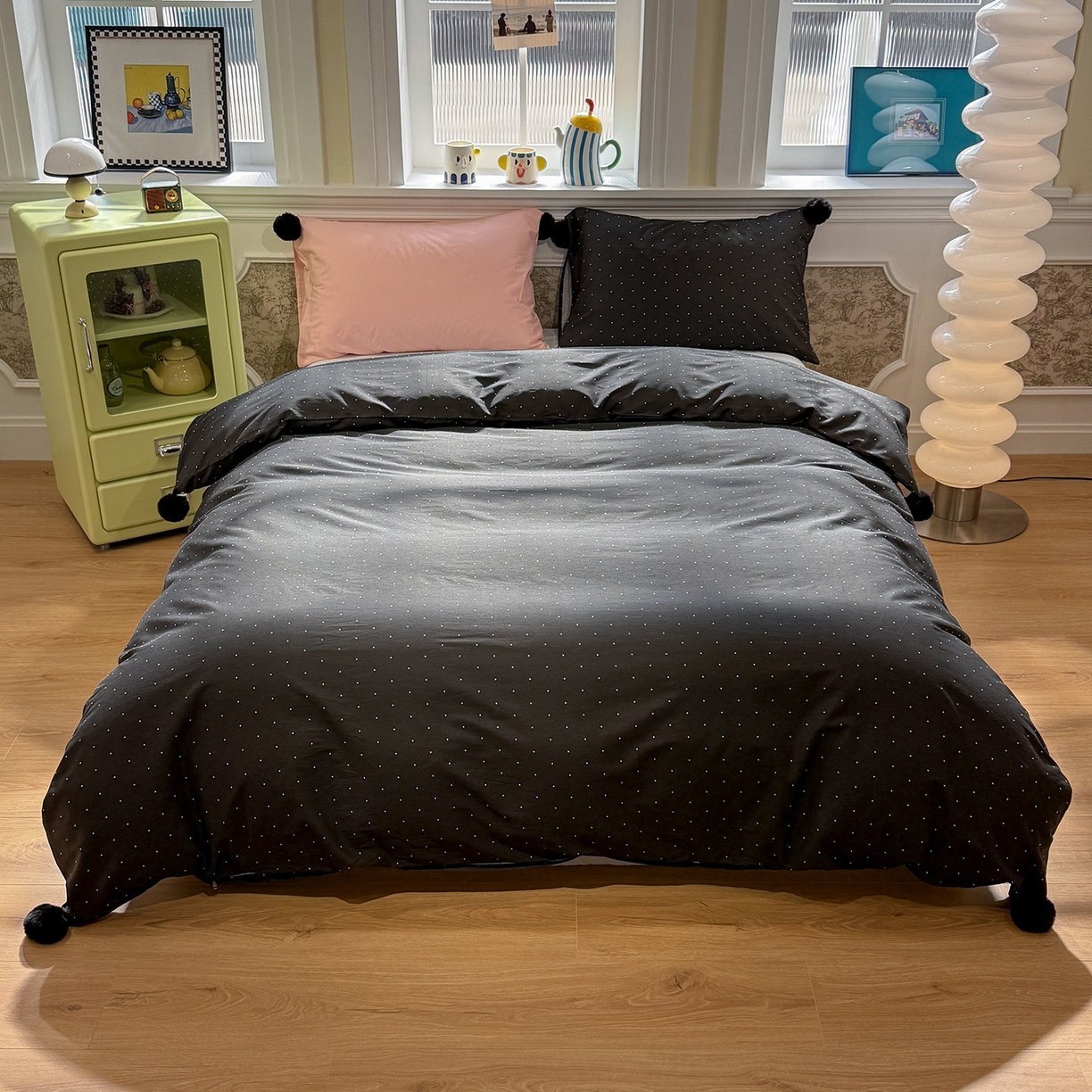 91家纺网 家纺一手货源 找家纺 慕尚家纺 2026新款全棉纯棉水洗带球工艺四件套 波点黑