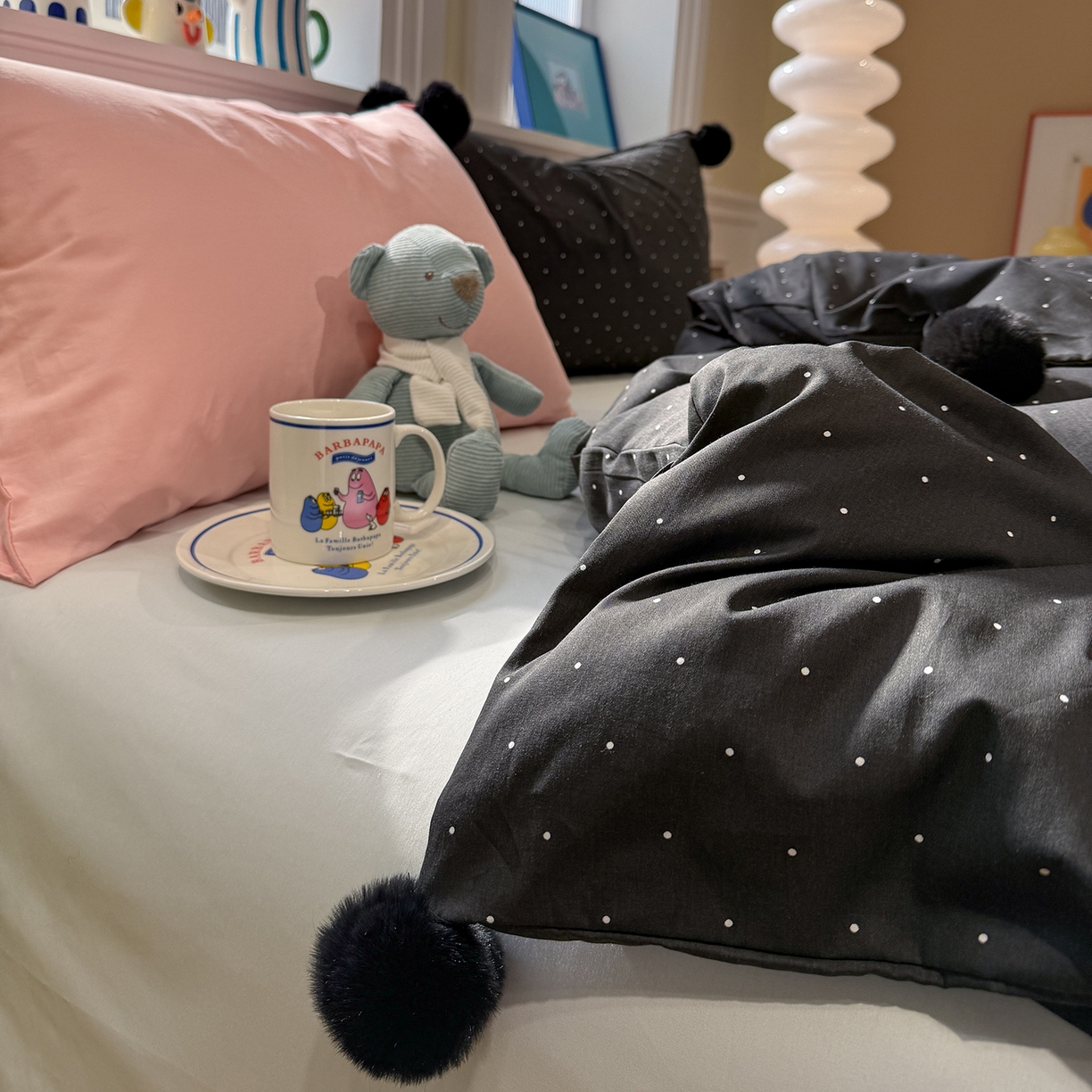 91家纺网 家纺一手货源 找家纺 慕尚家纺 2026新款全棉纯棉水洗带球工艺四件套 波点黑