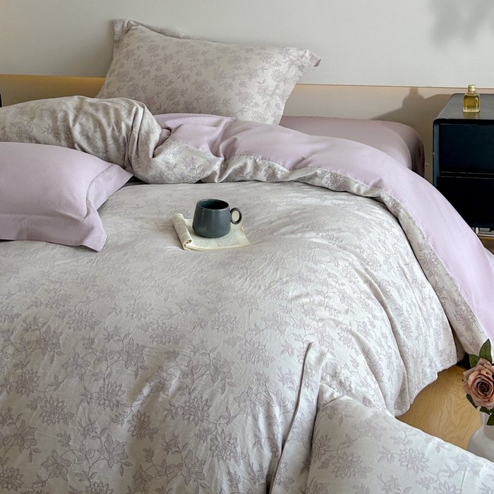 91家纺网 家纺一手货源 找家纺 禾时 2026春夏新品色织提花夏被夏凉被空调被四件套（配全棉纱布） 艾莉（紫）