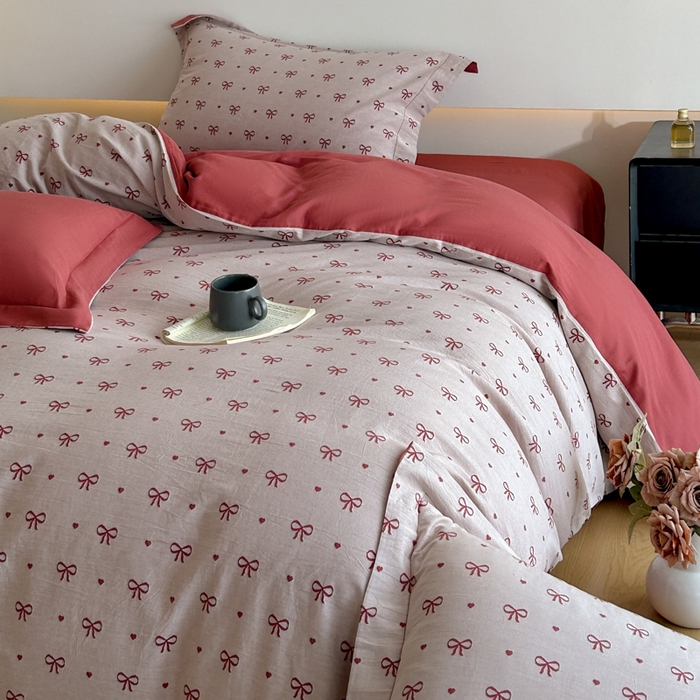 91家纺网 家纺一手货源 找家纺 禾时 2026春夏新品色织提花夏被夏凉被空调被四件套（配全棉纱布） 蝴蝶结（酒红）