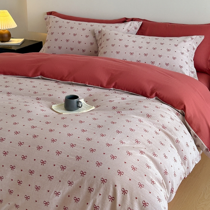 91家纺网 家纺一手货源 找家纺 禾时 2026春夏新品色织提花夏被夏凉被空调被四件套（配全棉纱布） 蝴蝶结（酒红）