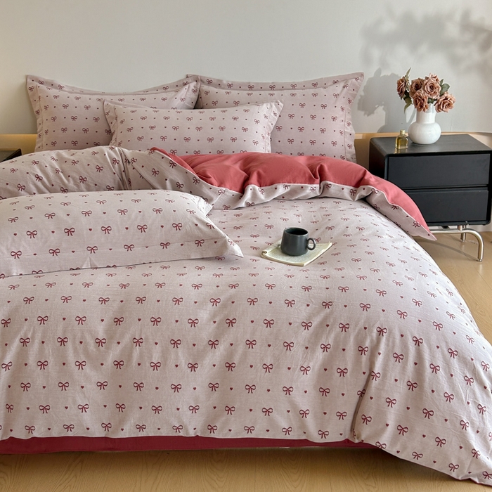 91家纺网 家纺一手货源 找家纺 禾时 2026春夏新品色织提花夏被夏凉被空调被四件套（配全棉纱布） 蝴蝶结（酒红）