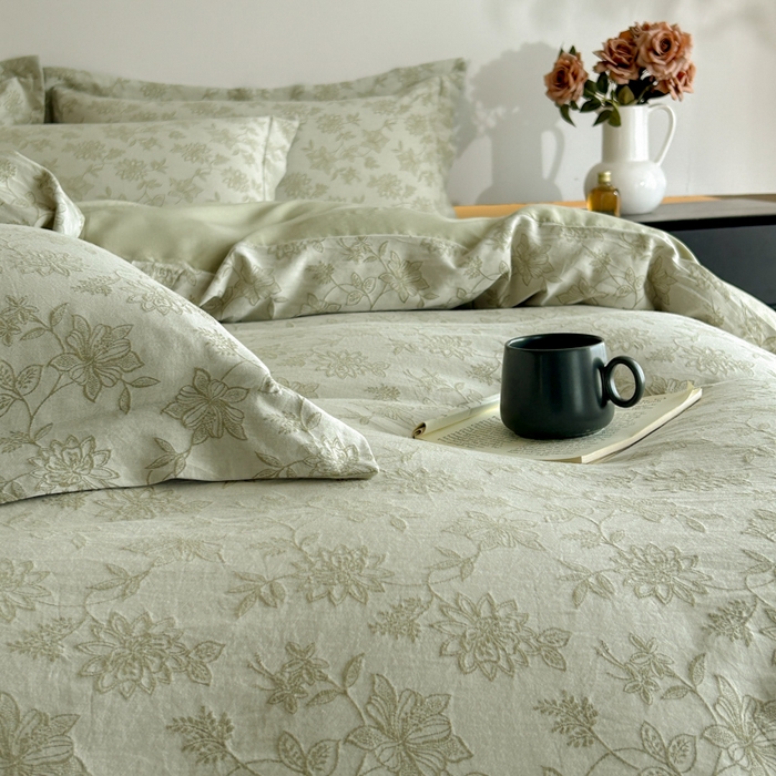 91家纺网 家纺一手货源 找家纺 禾时 2026春夏新品色织提花夏被夏凉被空调被四件套（配全棉纱布） 艾莉（浅绿）