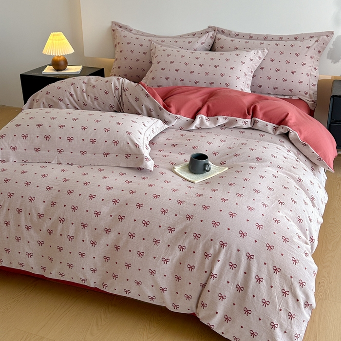 91家纺网 家纺一手货源 找家纺 禾时 2026春夏新品色织提花夏被夏凉被空调被四件套（配全棉纱布） 蝴蝶结（酒红）