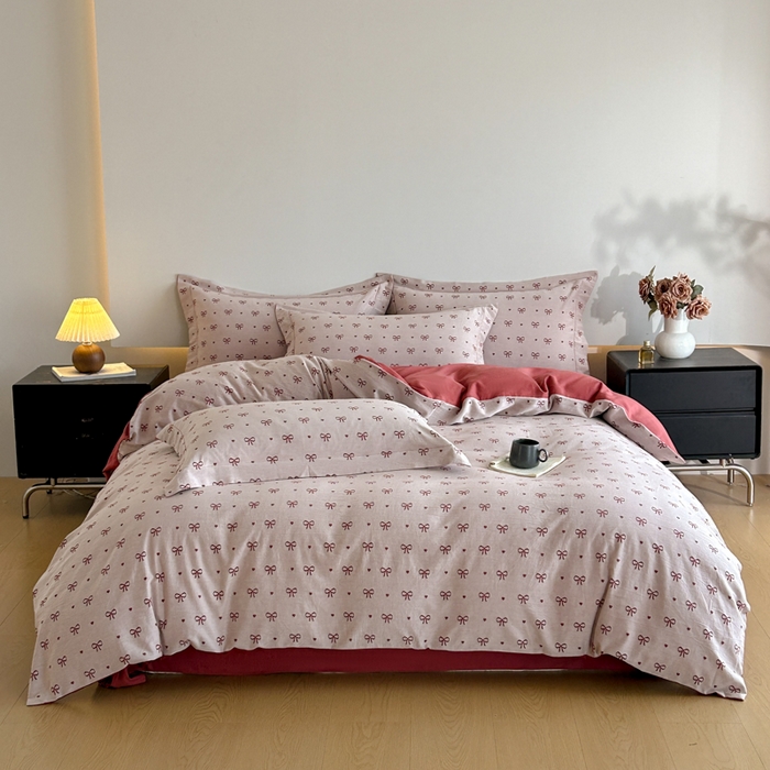 91家纺网 家纺一手货源 找家纺 禾时 2026春夏新品色织提花夏被夏凉被空调被四件套（配全棉纱布） 蝴蝶结（酒红）