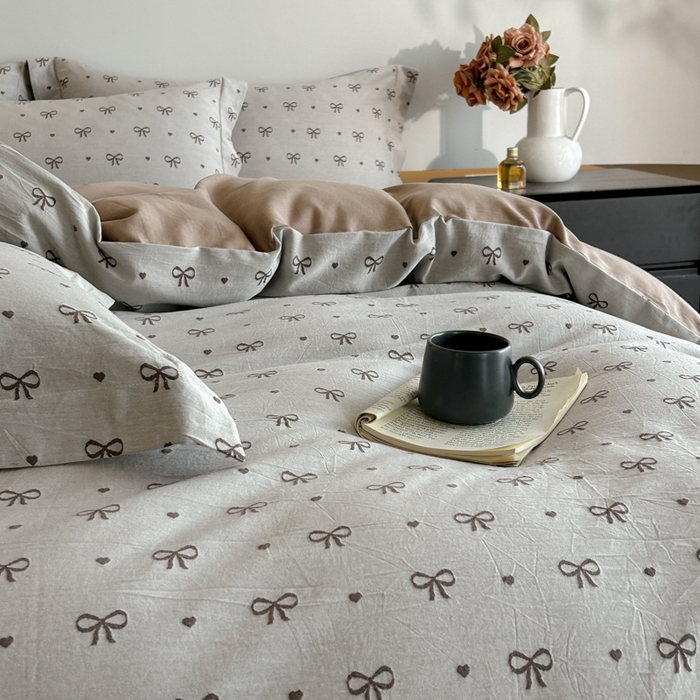 91家纺网 家纺一手货源 找家纺 禾时 2026春夏新品色织提花夏被夏凉被空调被四件套（配全棉纱布） 蝴蝶结（咖色）