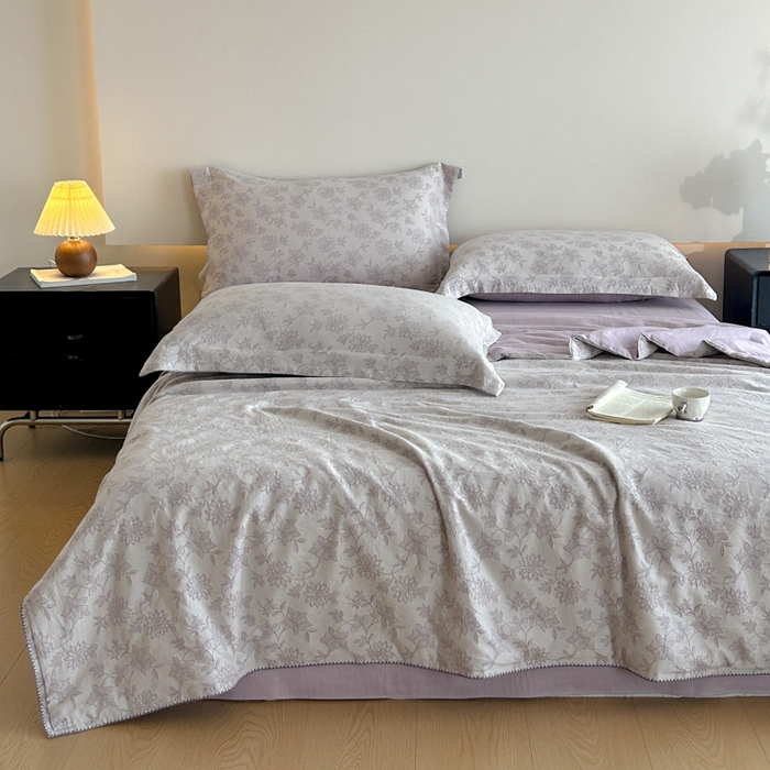 91家纺网 家纺一手货源 找家纺 禾时 2026春夏新品色织提花夏被夏凉被空调被四件套（配全棉纱布） 艾莉（紫）