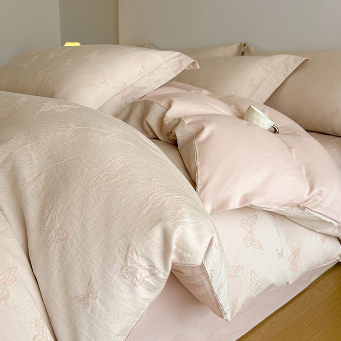 91家纺网 家纺一手货源 找家纺 禾时 2026春夏新品色织提花夏被夏凉被空调被四件套（配全棉纱布） 轻舞飞扬（粉）