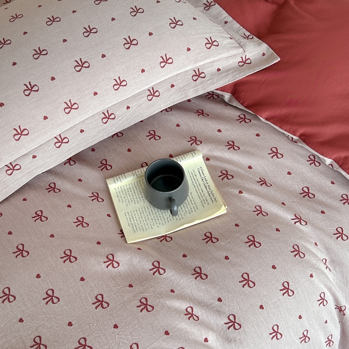 91家纺网 家纺一手货源 找家纺 禾时 2026春夏新品色织提花夏被夏凉被空调被四件套（配全棉纱布） 蝴蝶结（酒红）