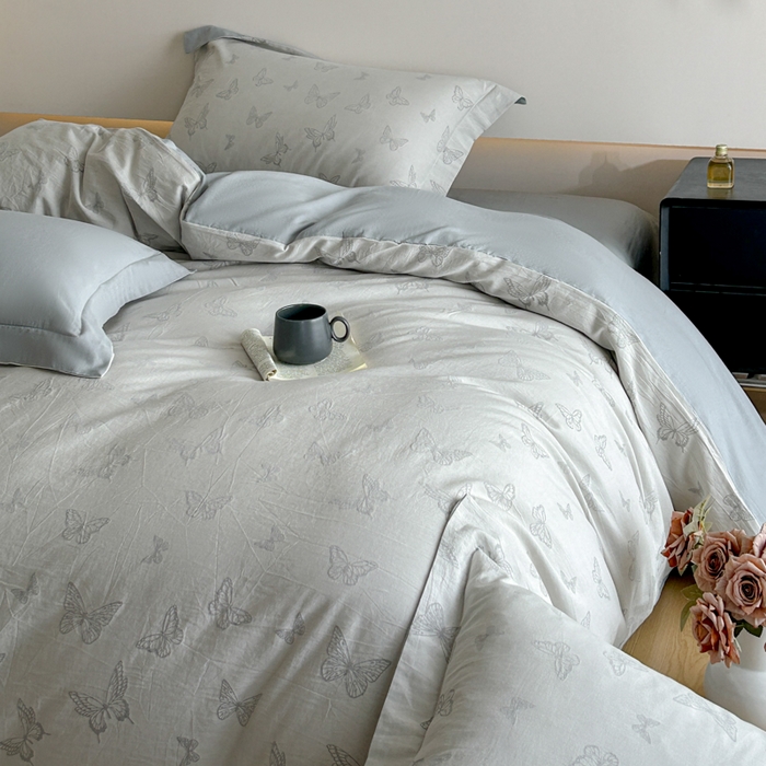 91家纺网 家纺一手货源 找家纺 禾时 2026春夏新品色织提花夏被夏凉被空调被四件套（配全棉纱布） 轻舞飞扬（兰）