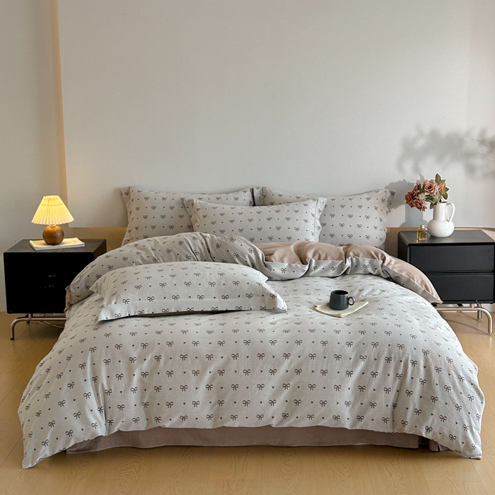 91家纺网 家纺一手货源 找家纺 禾时 2026春夏新品色织提花夏被夏凉被空调被四件套（配全棉纱布） 蝴蝶结（咖色）