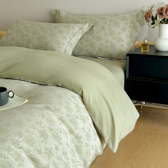 91家纺网 家纺一手货源 找家纺 禾时 2026春夏新品色织提花夏被夏凉被空调被四件套（配全棉纱布） 艾莉（浅绿）