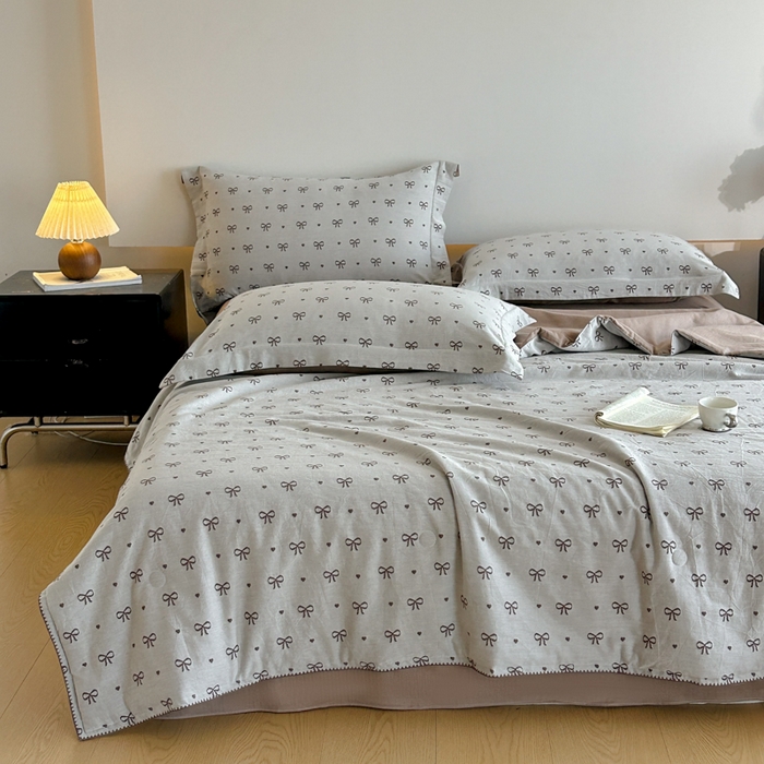 91家纺网 家纺一手货源 找家纺 禾时 2026春夏新品色织提花夏被夏凉被空调被四件套（配全棉纱布） 蝴蝶结（咖色）