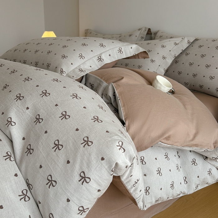 91家纺网 家纺一手货源 找家纺 禾时 2026春夏新品色织提花夏被夏凉被空调被四件套（配全棉纱布） 蝴蝶结（咖色）