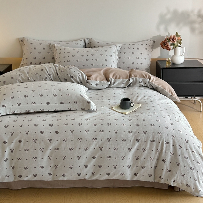 91家纺网 家纺一手货源 找家纺 禾时 2026春夏新品色织提花夏被夏凉被空调被四件套（配全棉纱布） 蝴蝶结（咖色）