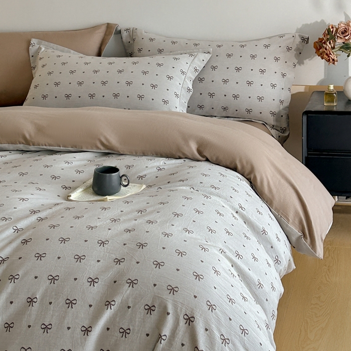 91家纺网 家纺一手货源 找家纺 禾时 2026春夏新品色织提花夏被夏凉被空调被四件套（配全棉纱布） 蝴蝶结（咖色）