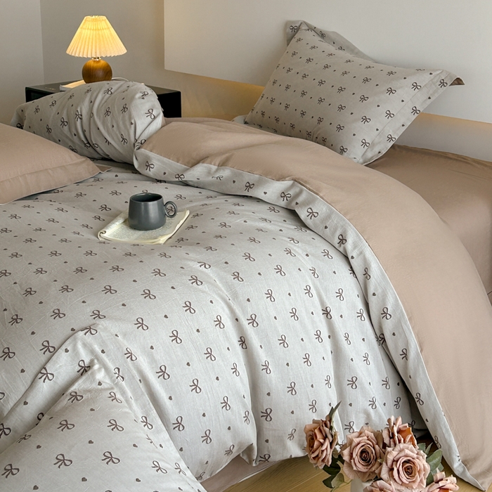 91家纺网 家纺一手货源 找家纺 禾时 2026春夏新品色织提花夏被夏凉被空调被四件套（配全棉纱布） 蝴蝶结（咖色）