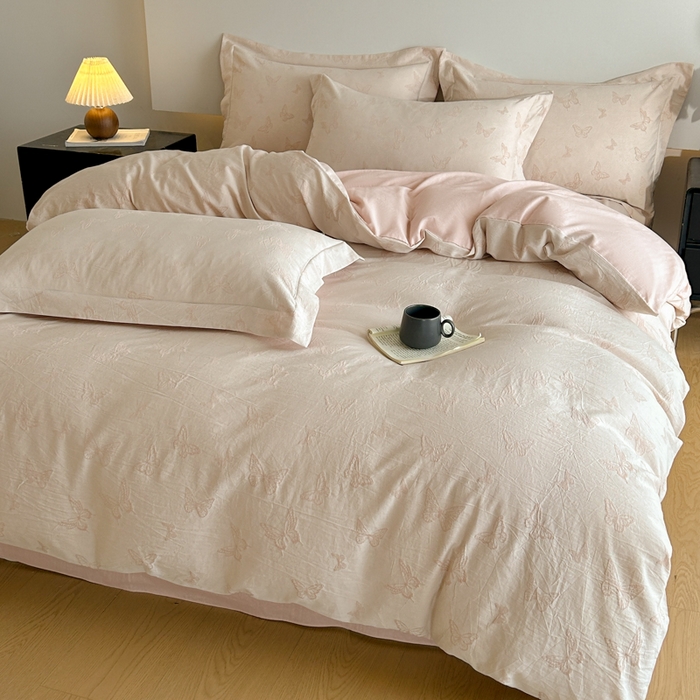 91家纺网 家纺一手货源 找家纺 禾时 2026春夏新品色织提花夏被夏凉被空调被四件套（配全棉纱布） 轻舞飞扬（粉）