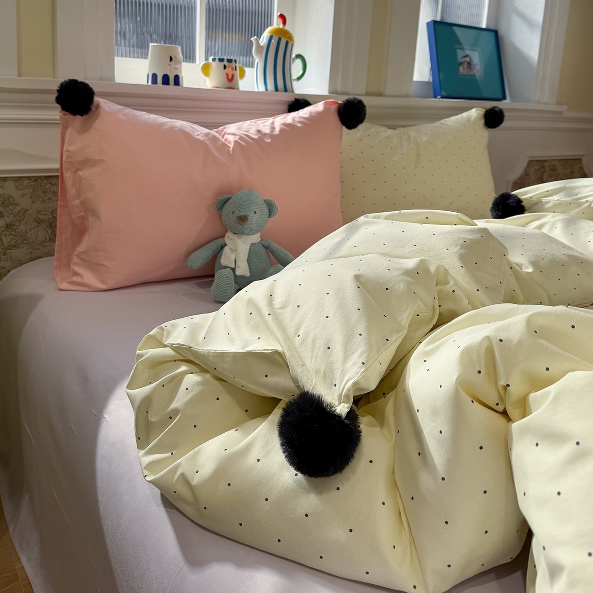 91家纺网 家纺一手货源 找家纺 慕尚家纺 2026新款全棉纯棉水洗带球工艺四件套 波点黄