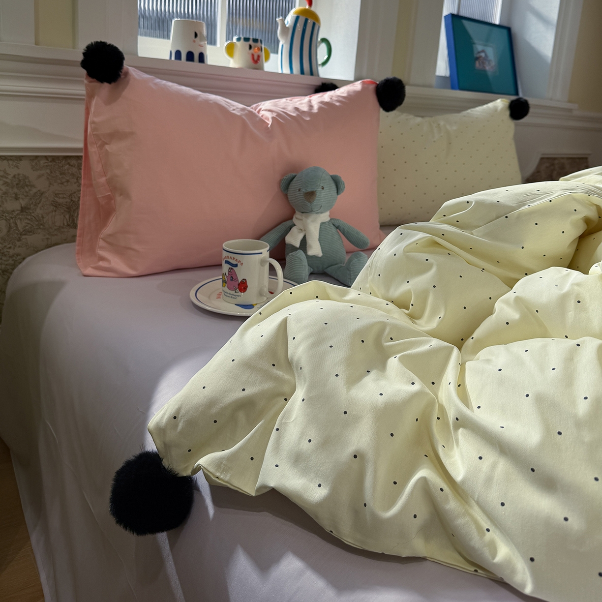 91家纺网 家纺一手货源 找家纺 慕尚家纺 2026新款全棉纯棉水洗带球工艺四件套 波点黄