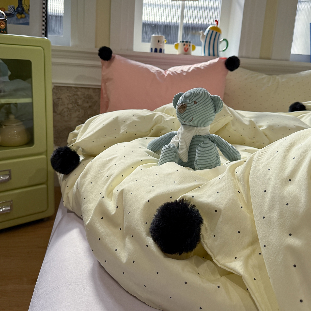 91家纺网 家纺一手货源 找家纺 慕尚家纺 2026新款全棉纯棉水洗带球工艺四件套 波点黄